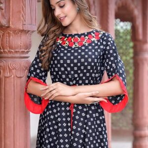 Yash Gallery Women's Fit And Flare Calf Length Cotton Ikat Printed Flared Dress